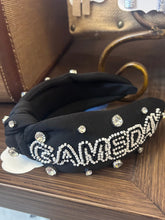 Load image into Gallery viewer, A black fabric headband with rhinestone-embellished lettering spelling 'GAMED' and rhinestone accents