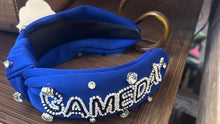 Load image into Gallery viewer, A royal blue fabric headband with 'GAMED' spelled out in rhinestone-embellished silver letters