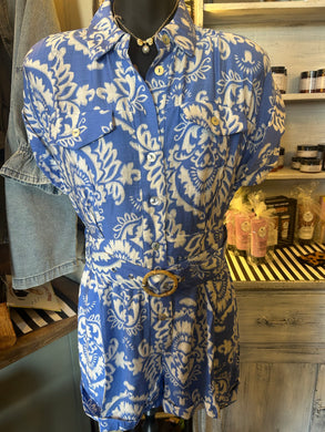 Romper: Blue and cream button up