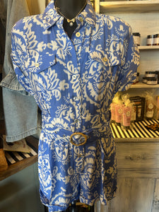 Romper: Blue and cream button up