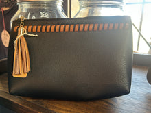 Load image into Gallery viewer, Makeup Bag: Black and tan Pleather