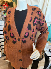Load image into Gallery viewer, Cardigan Sweater: Brown/Leopard